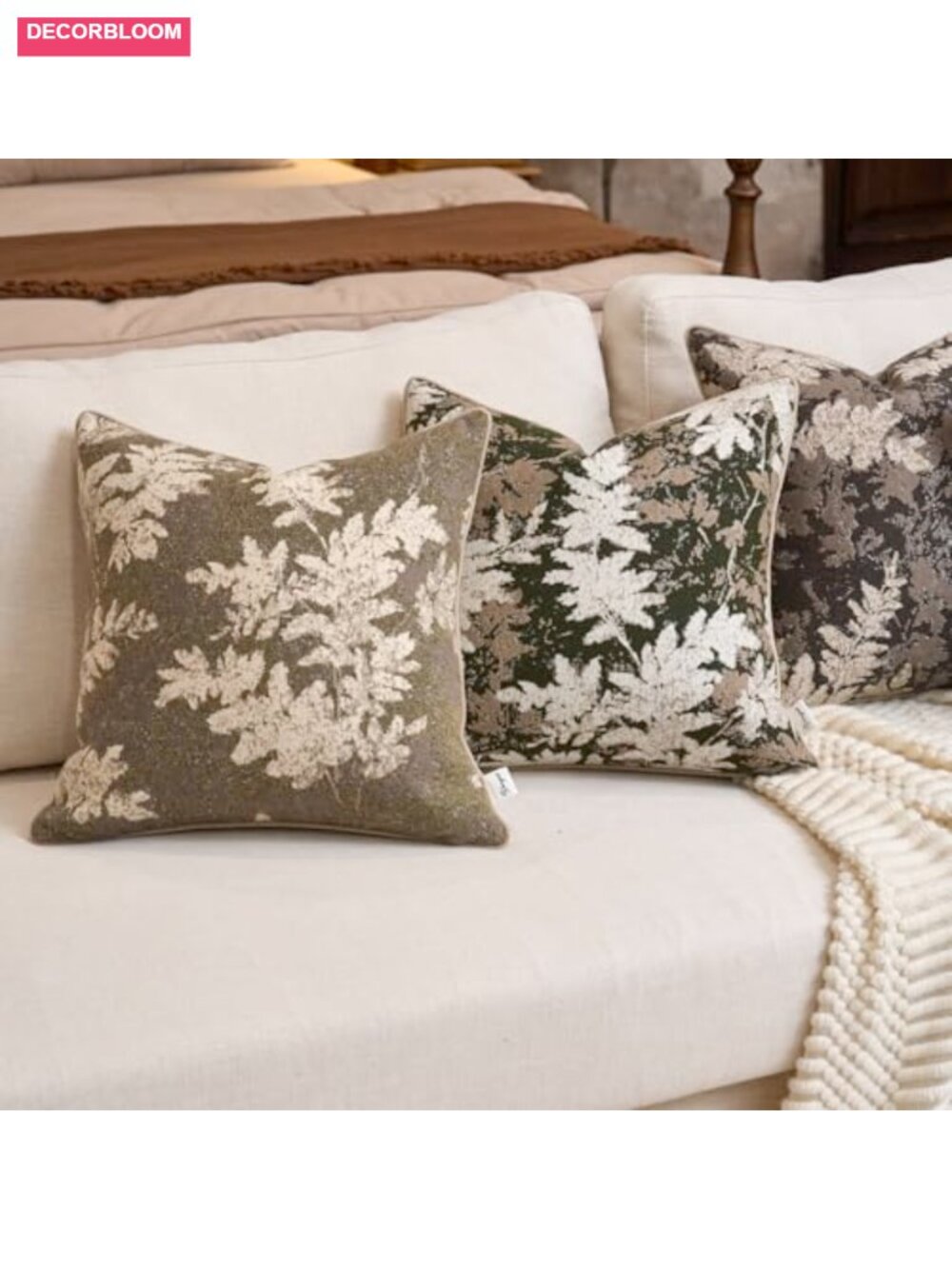 Vintage Chenille Neutral Leaf Throw Pillow Cover 12x20 Inch, Soft Polyester - Picture 4 of 6